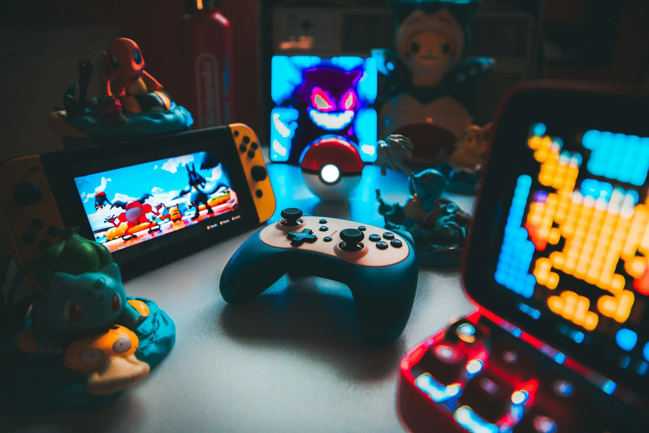 Person playing a video game at a desk